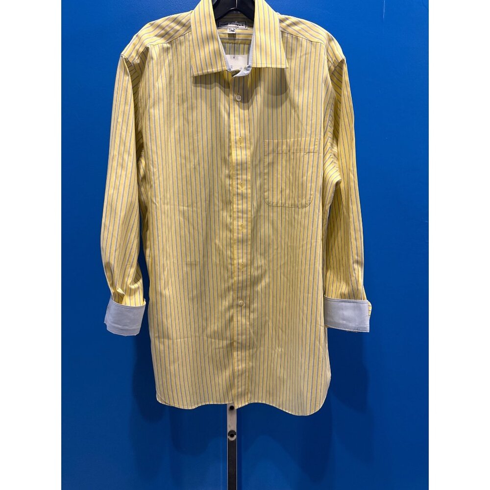 Paul Fredrick Mens Yellow & Blue Striped Button-Up Dress Shirt 16.5-34 100% Cott